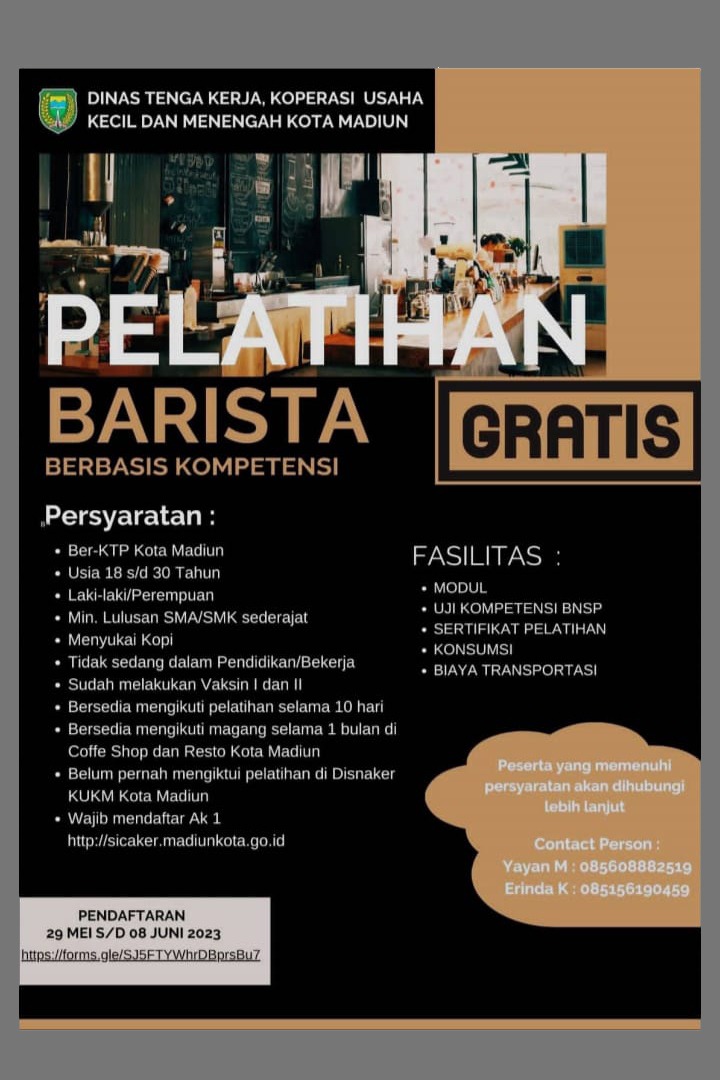 Foto utama berita: Disnaker Buka Pelatihan Barista, Pendaftaran Dibuka Sampai 8 Juni Mendatang