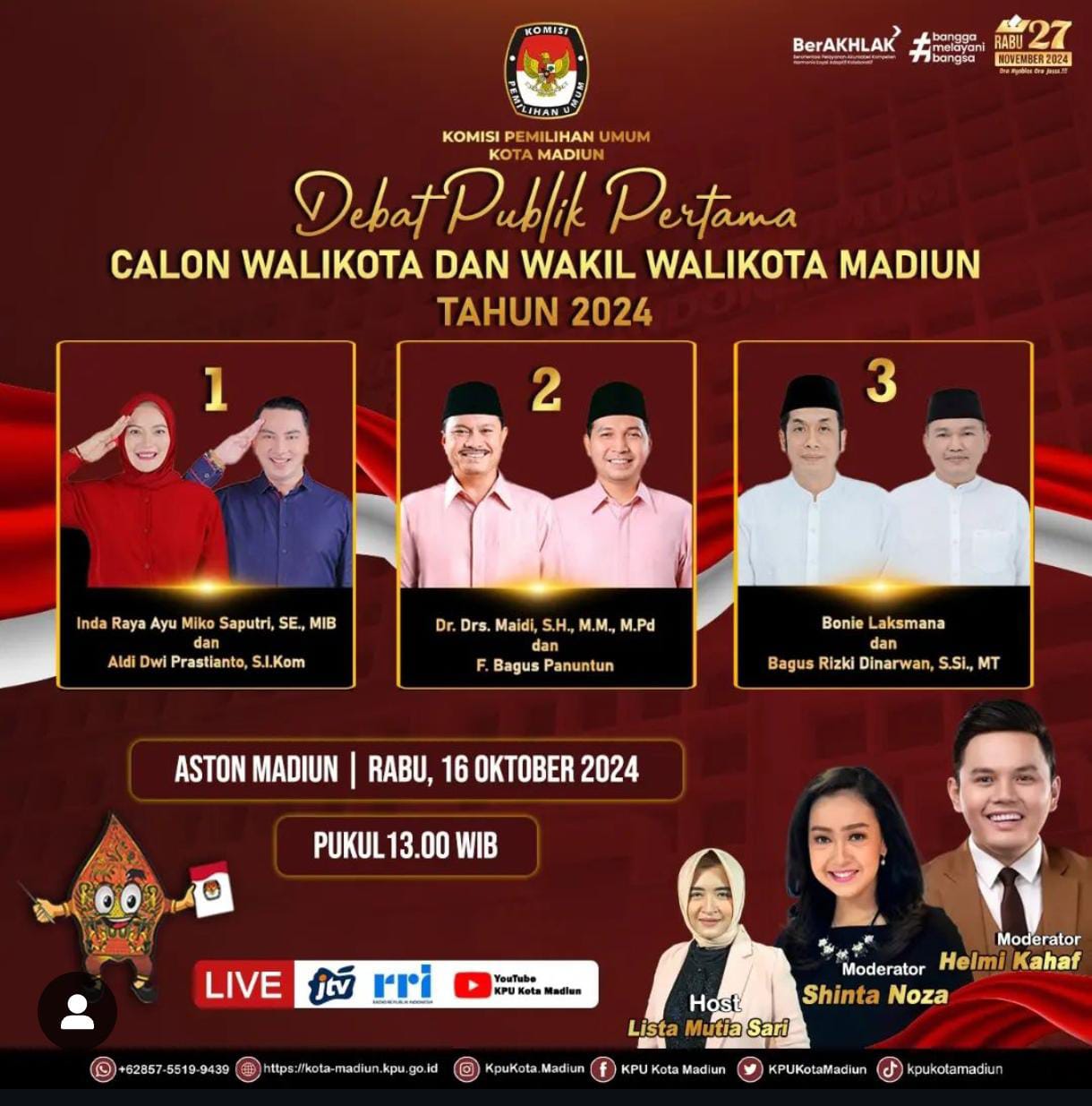 Debat Publik Perdana Rabu Siang Nanti, Tayang di JTV, RRI, dan YouTube KPU Kota Madiun