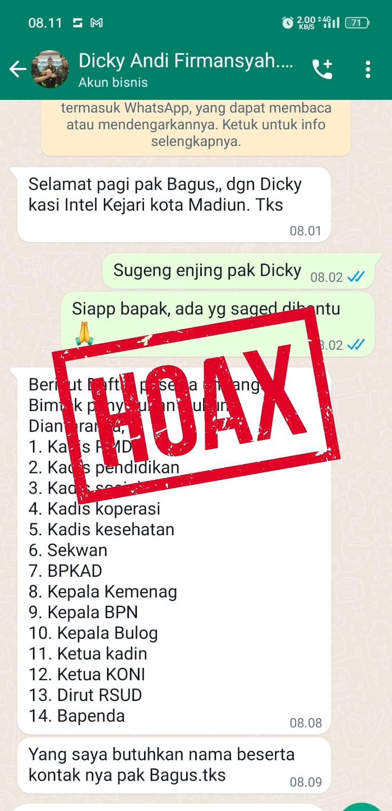 Foto 1 dari 1: Upaya Penipuan Lewat WA Muncul Lagi, Kali Ini Catut Nama Kasi Intel Kejari